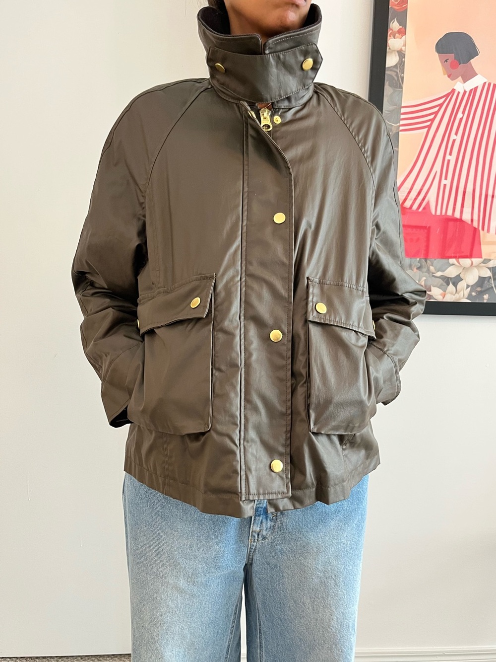 H&M Green BarnJacket Black Collar S